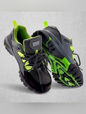Boys Safety Sneakers Black Gray Neon Green Lace Up Athletic Shoes Size 5.5